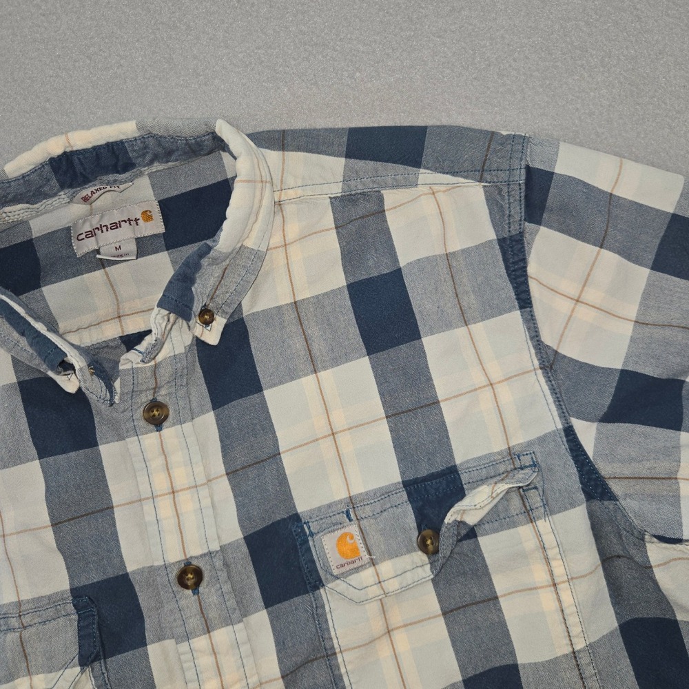 Carhartt Button Down Shirt Mens Medium Blue Plaid Short Sleeve Relaxed Fit